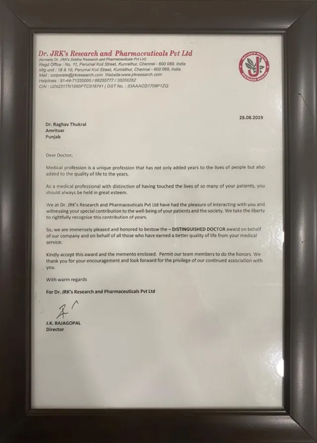 Distinguished Doctor award citation letter from Dr. JRK's Research and Pharmaceuticals, 28 August 2019