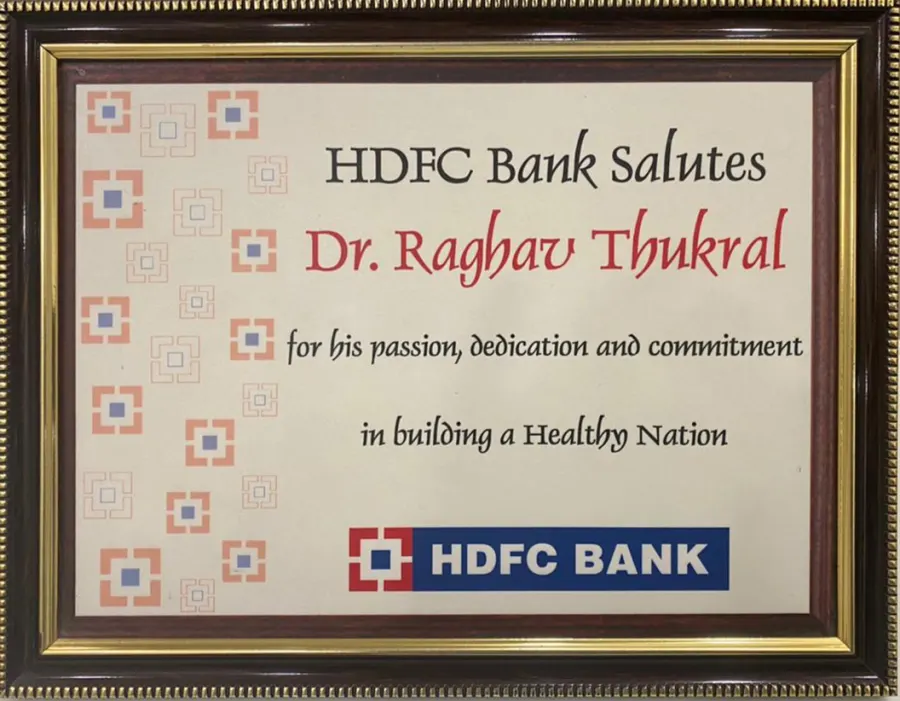 Healthy Nation Recognition awarded to Dr. Raghav Thukral by HDFC Bank